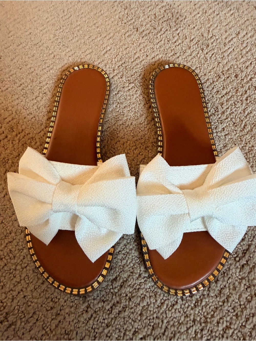 Boutique Big White Bow Slide Sandals with Gold Trim size 39